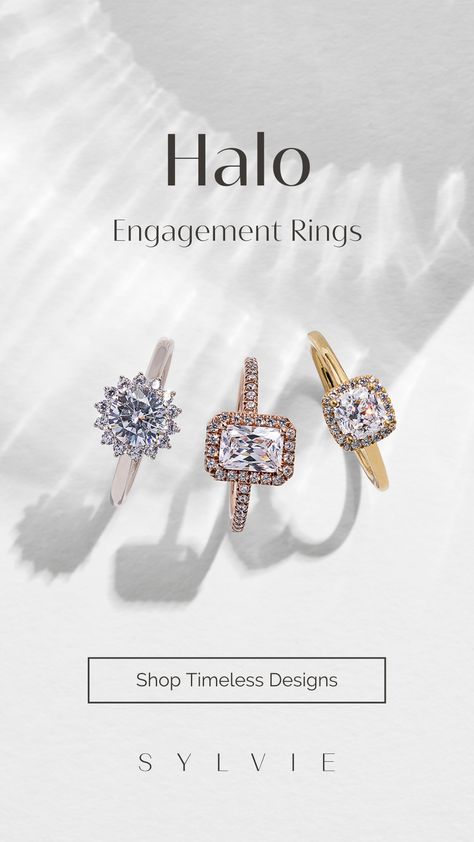 These gorgeous engagement rings are so special because they’re all wrapped in a halo of brilliant diamonds. Halo Engagement Rings are some of the favorites of all time. The halo adds a delicate detail creating a dazzling look you won’t be able to resist! Whether you prefer a round, oval, cushion, pear, radiant, emerald, or princess cut, set the stage with an extra simple or double layer of sparkling diamonds surrounding your center stone and shine forever. SYLVIE | Halo Engagement Ring Jewelry Instagram Story Design, Bold Shoot, Unique Halo Ring, Gorgeous Engagement Rings, Antique Quotes, Jewelry Advertising, Jewellery Shoot, Jewelry Guide, Jewellery Advertising