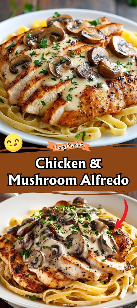 Delve into the creamy depths of our Chicken & Mushroom Alfredo, a rich blend of tender chicken, earthy mushrooms, and silky Alfredo sauce twirled with perfectly cooked pasta. This dish is a surefire way to turn any dinner into a special occasion. #ChickenAlfredo #MushroomPasta #CreamyDinner Chicken And Mushroom Alfredo, Chicken Mushroom Alfredo Pasta, Roasted Whole Chickens, Chicken With Pasta Recipes, Chicken Mushroom Alfredo, Mushroom Chicken Recipes, Simple Chicken Alfredo Recipe, Chicken With Pasta, Mushroom Alfredo