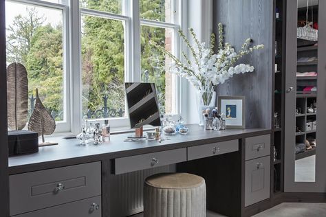 Built In Dressing Table Under Window, Window Dressing Table Ideas, Under Window Dressing Table, Dressing Table Against Window, Bay Window Dressing Table Ideas, Window Vanity Bedroom, Dressing Table By Window, Bespoke Dressing Table, Dressing Table Near Window