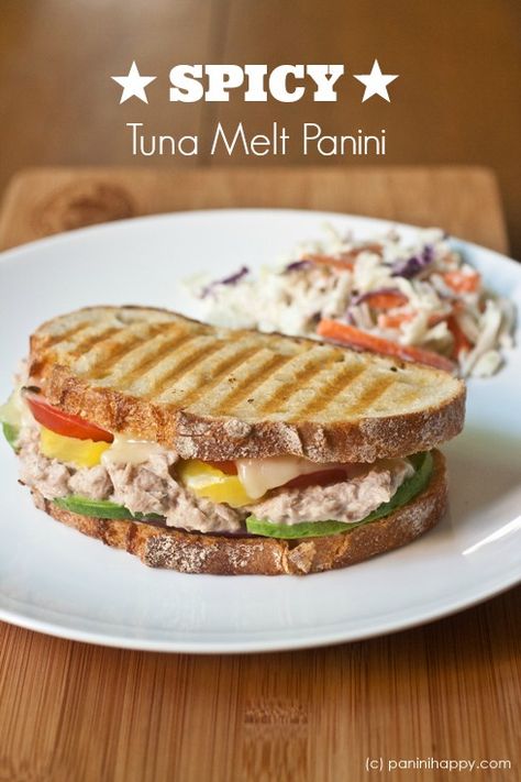 Spicy Tuna Melt Panini ...with pepper jack, pepperoncini and Tapatio-spiked Dijon mustard | paninihappy.com #panini #tuna #melt Spicy Tuna Melt, Tuna Food, Slow Cooker Mississippi Pot Roast, Panini Grill, Tuna Melt Recipe, Slow Cooker Italian Beef, Pepperocini Recipes, Panini Sandwiches, Panini Recipes