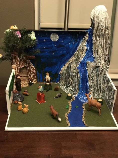 School project diorama  My Side of the Mountain Mountain Diorama, Gold Rush Projects, Ecosystems Diorama, Diorama Kids, Side Sleeper Pillow, Pink One Piece, Halloween Scene, Creative Halloween Costumes, Up Halloween