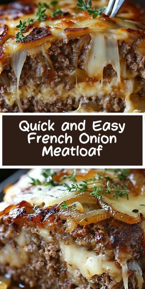 Looking for a quick and flavorful dinner idea? This easy French Onion Meatloaf recipe with caramelized onions is perfect for busy weeknights. Try it for a comforting and hearty meal everyone will love! French Onion Soup Stuffed Meatloaf, French Onion Mozzarella Stuffed Meatloaf, Meatloaf French Onion Soup, Meatloaf With French Fried Onions, Caramelized Onion Meatloaf, Meatloaf Leftover Recipes, Cozy Winter Recipes Dinners, French Onion Meatloaf Crockpot, Meat Meals Ideas Main Dishes