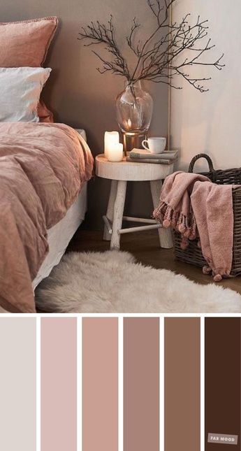 Earth Tone Colors For Bedroom, mauve color scheme for bedroom Mauve Comforter Bedroom, Dusty Rose And Grey Bedroom, Truffle Bedroom Ideas, Minimalist Bedroom Color Palette, Master Bed Color Schemes, Colors That Go With Blush Pink, Dusty Mauve Bedroom, Mauve Complimentary Colors, Mauve Walls Bedroom