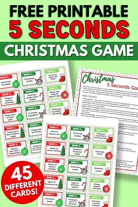 This free printable 5 seconds Christmas game is one of the best Christmas party games to play at your holiday parties this year!  Just grab the free printable Christmas game cards, cut them out, set a timer, and you're ready to play.  Perfect for a large group, this think fast holiday game is fun for all ages - for kids just allow them 10 or 15 seconds instead of 5. Class Christmas Party Games 4th Grade, Think Fast Christmas Game, Favorite Things Party Games, Christmas Games For Family Free, Best Christmas Party Games, Party Games To Play, Free Christmas Games, Xmas Party Games, Christmas Party Games For Adults