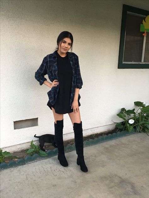 Blue flannel with black t shirt dress and over the knee boots   @Lynnetteeaa Flannel Outfits With Dress, Flannel As A Dress, Black Dress With Flannel Shirt, Tshirt Dress Knee High Boots, Flannel With Dress Outfit, Flannels With Dresses, T Shirt Dress Outfit Fall, Black Shirt Dress Outfit Winter, T Shirt Dress Outfit Winter