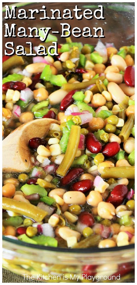 Easy Marinated Many Bean Salad ~ A great classic make-ahead salad for the family or for serving a crowd! Perfect for cookouts, potlucks, or as an everyday side.  www.thekitchenismyplayground.com Bean Salad Recipes Dressing, Bean Salad Dressing Recipes, 3 Bean Salad Recipe Dressing, 4 Bean Salad Recipe, 5 Bean Salad Recipe, Best Bean Salad, Lima Bean Salad, Montana Recipes, 5 Bean Salad