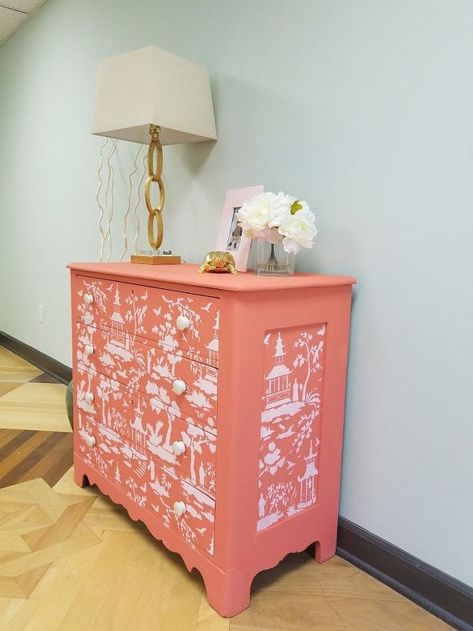 Paint can do wonders for blah and bland furniture. But there are more things you can do besides just slapping on a fresh color. A furniture stencil is a great way to enhance a piece of furniture. Stenciled Furniture Diy, Stenciled Furniture, Sliding Cabinet, Sliding Cabinet Doors, Furniture Stencil, Using Stencils, Diy Decorating Ideas, Toile Pattern, Stencil Projects