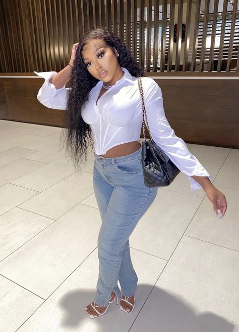 White Shirt And Jeans Outfit Black Women, Grey And White Outfits Black Women, Cybery2k Outfits, Pretty Baddies, Collared Shirt Outfits, White Tops Outfit, 18th Birthday Outfit, Birthday Outfit For Women, Classy Winter Outfits