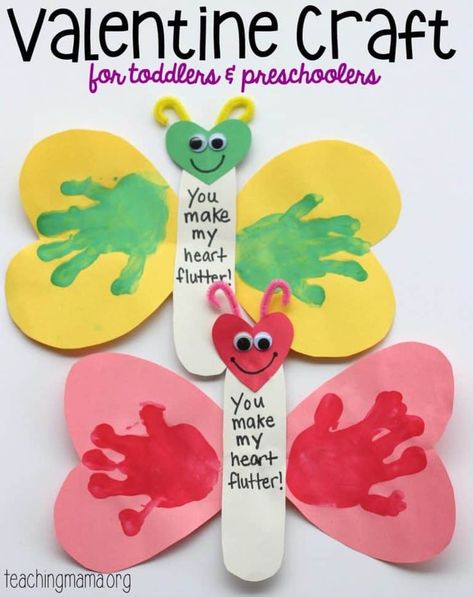 Check out this cute butterfly popsicle stick craft for Valentine's Day!  Made out of little handprints and everyday paint, it's easy to see why children of all ages will enjoy making it.  Click to learn more and see all 13 Valentine's Day Crafts For Kids on the list! #vday #valentinesdaycraft #vdaycraft #diy #preschoolcraft #toddlercraft #kidscraft #preschool #homeschool #butterfly #butterflycraft #craft #crafting #handprintcraft Preschool Valentine Crafts, Toddler Valentine Crafts, Valentines Bricolage, February Crafts, Valentine's Day Crafts, Easy Valentine Crafts, Valentine Craft, Valentine's Day Crafts For Kids, Preschool Valentines