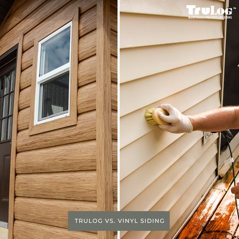 There are many options when choosing siding for your log-style home. Many families will choose vinyl because it is cost-effective and low maintenance. But, you don't get that authentic log look   With TruLog you get no maintenance siding that looks just like real wood! Contact us to get a quote on your new log siding.  #keepcraftalive #countryhome #newbuild #exteriordesign #curbappeal #exteriorhomes #homeimprovement #homedesign #homeinspo #trulog #trulogsteellogsiding #steellogsiding Vinyl Log Siding, Replacing Vinyl Siding, Cabin Homestead, Cabin Construction, Siding Choices, Log Cabin Exterior, Steel Siding, Log Siding, Installing Siding