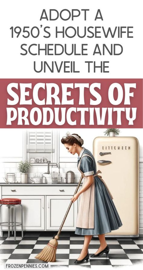 Step back in time and follow the organized routine of a 1950s housewife with our detailed schedule! Discover how to streamline your day for maximum productivity and efficiency, just like the homemakers of yesteryear. From meal planning to cleaning routines, unlock the secrets to managing your home with grace and ease. Embrace the nostalgia and simplicity of the 1950s lifestyle while incorporating modern conveniences. Say hello to a well-run household and goodbye to chaos with this timeless schedule! Cleaning Routine | Housewife Life | Organized Living | Homemaker Schedule Clean House Aesthetic, Decluttering Schedule, Housewife Aesthetic, Housewife Cleaning, 1950s Lifestyle, Housewife Life, Household Cleaning Schedule, Helpful Products, Homemaker Schedule