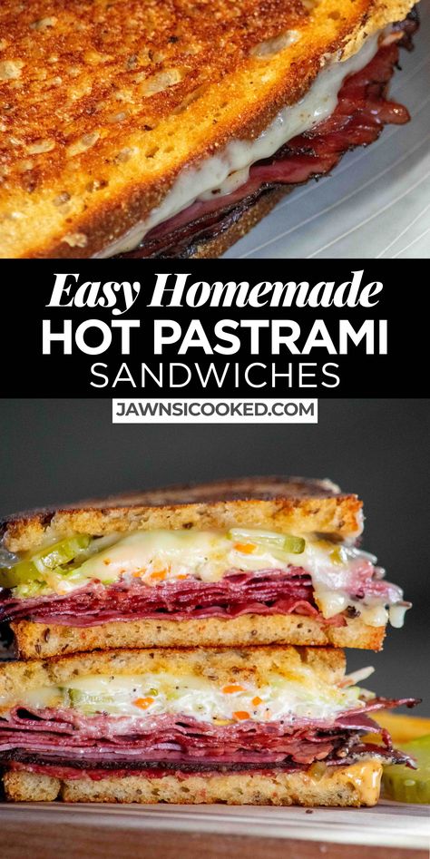 This quick and easy Homemade Hot Pastrami Sandwich Recipe utilizes store bought ingredients and an (optional) homemade broccoli slaw for a super tasty classic deli sandwich you can whip up in under 20 minutes! Pastrami And Sauerkraut Sandwich, Pastrami Sandwiches Recipes, Pastrami On Rye Sandwich, Grilled Pastrami Sandwich, Pastrami Recipe Ideas, Cold Sub Sandwich Ideas, Hot Pastrami Sandwich Recipe, Deli Sandwiches Recipes, Hot Pastrami Sandwich