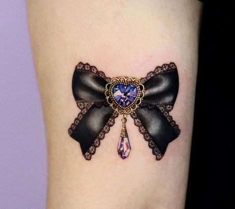 Heart And Bow Tattoo, Broach Tattoo, Gem Tattoos For Women, Black Bow Tattoo, Bejeweled Tattoo, Gems Tattoo, Jewellery Tattoo, Gemstone Tattoo, Aesthetic Feelings