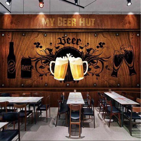 Bar Wall Design, Cheap Wallpaper, Beer Photos, Mural 3d, Retro Cafe, Large Mural, Beer Bar, Green Decor, Background Wall