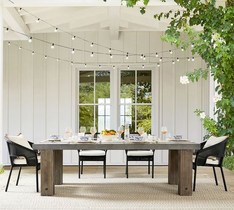 Abbott Indoor/Outdoor 96'' Concrete & FSC® Acacia Chunky Leg Dining Table | Pottery Barn Canada Bar Height Dining Table, Weathered Furniture, Stackable Dining Chairs, Concrete Dining Table, Concrete Furniture, Outdoor Furniture Collections, Dining Table Legs, Outdoor Dining Furniture, Rectangular Dining Table