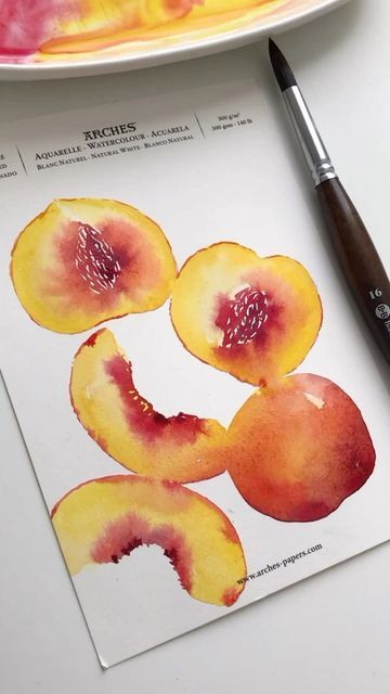 Fruit Illustration Watercolour, Peaches Watercolor Paintings, Water Colour Fruit Painting, Watercolor Peach Tutorial, Peach Watercolor Painting, Line Drawing Watercolor, Water Coloring Painting Ideas Aesthetic, Watercolour Inspiration Aesthetic, Food Art Painting Watercolour