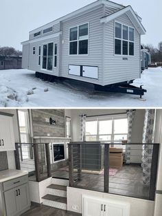 This tiny home on wheels includes an elevated living space, extra storage below the home, and a private bedroom for a unique modern look! You'll love the minimalist style with modern appliances and a cozy bathroom, fireplace, and more storage than you could imagine possible in such a small space! Tiny Homes On Wheels, Tiny Farmhouse, Private Bedroom, Park Model Homes, Tiny House Interior Design, Tiny House Loft, Best Tiny House, Tiny House Inspiration, Tiny House Floor Plans