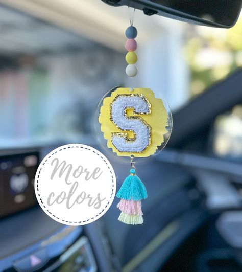 Car Mirror Charm Diy, Diy Car Mirror Hangers, Car Rear View Mirror Decor, Car Ornaments Mirror, Cricut Rearview Mirror, Car Mirror Accessories, Acrylic Car Charms, Car Mirror Dangles, Acrylic Car Charms Rear View Mirror