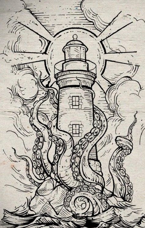 Lighthouse And Octopus Tattoo, Kraken Lighthouse Tattoo, Sketches Of Octopus, Octopus Lighthouse Tattoo, Non Traditional Tattoos, Kraken Lighthouse, Octopus Drawing Tattoo, Ship Sketch Simple, Lighthouse Drawing Sketch