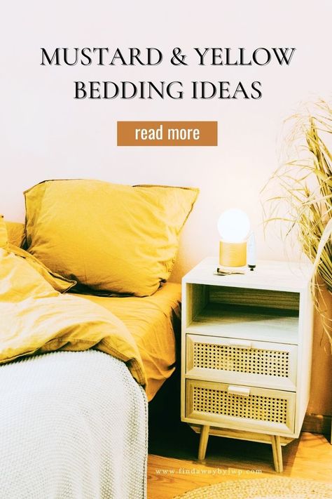 Discover cool mustard yellow and yellow bedding ideas that pair well with any decor style from modern to boho chic and add bold joyful vibes. Yellow Bedding Ideas, Mustard Yellow Bedroom, Mustard Yellow Bedrooms, Living Room Yellow, Blue Bedspread, Home Decor Yellow, Bedroom Yellow, Room Yellow, Duvet Covers Yellow