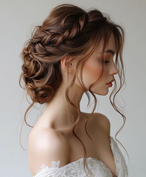 ☀️ Embrace Glamorous Braids Updo Hairstyle with Bridesmaid Braid Updo Princess Updo Hairstyles, Professional Bun Hairstyles, Curly Messy Updo, Braided Crown Updo, Messy Braided Bun, Hairdo Wisuda, Bridesmaid Braid, Loose Curly Updo, Princess Updo