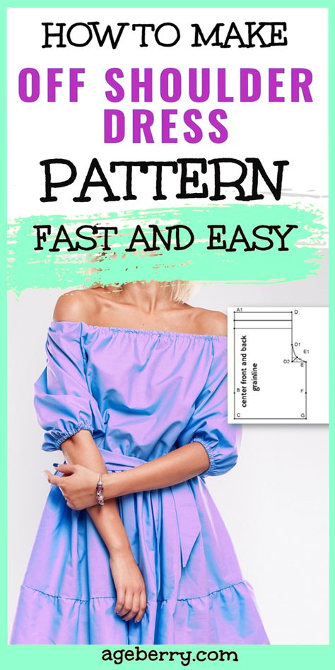 In this video sewing tutorial I will show you how to easily make an off-shoulder dress pattern with sleeves. You can draft the pattern using your own measurements. The off-the-shoulder dress pattern is made from 2 parts: off-shoulder top pattern and flounce skirt pattern. The pattern is good for fluid stretchy knit fabric only. Seam allowances are included and they are about ¼ inch. #sewingtutorials #howtosew #sewingtips #sewingprojects Off The Shoulder Blouse Pattern, Off Shoulder Dress Pattern Drafting, Easy Dresses To Sew, Flounce Skirt Pattern, Off Shoulder Diy, Sew For Beginners, Pattern Free Sewing, Sew A Dress, Dress Pattern Free