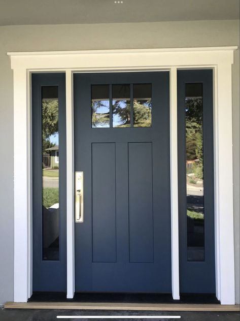 Navy Grey Front Door, Blue Door Black Trim, Front Door Navy Blue, Front Door Paint Ideas For Gray House, Front Door Dark Blue, Navy Blue Front Door White House, Front Door And Trim Painted Same Color, Navy Blue Front Door Gray House, Grey House With Blue Door