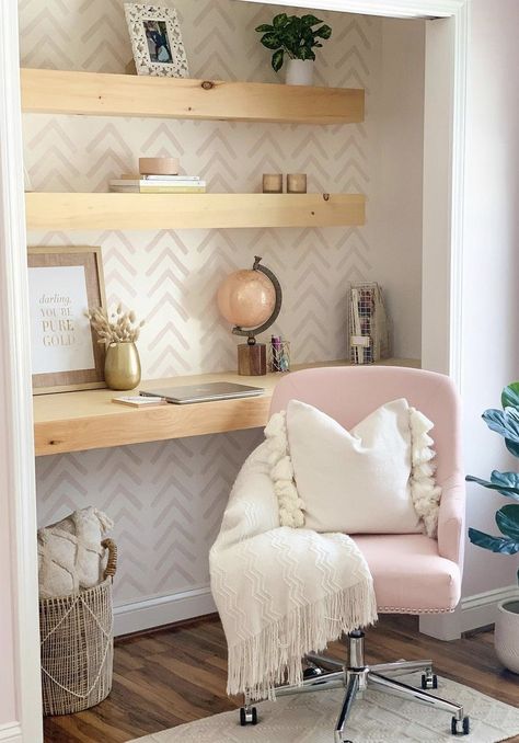 Closet Turned Office, Cloffice Ideas, Chevron Wall Decor, Pink Office Chair, Closet Desk, Home Office Closet, Small Workspace, Room Accent Wall, Closet Office