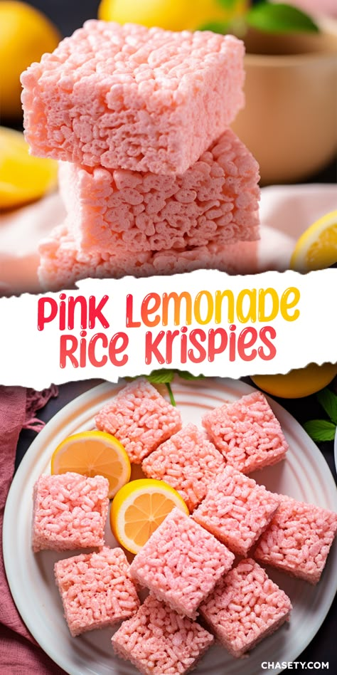 Lemonade Rice Krispie Treats, Pink Lemonade Rice Krispie Treats, Pink And White Cookies, Fruit Treats For Party, Pink Desserts Birthday, Summer Rice Krispie Treats, Rice Krispie Flavors, Pink Stuff Dessert, Flavored Rice Krispie Treats