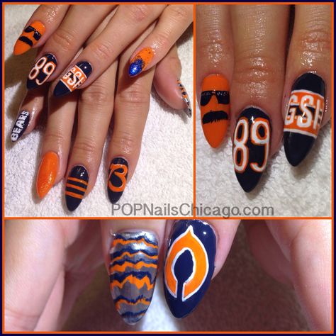 Chicago Bears nails. Nail art by Ashley Gregory of POP Nails Chicago. Facebook.com/popnailschicago Chicago Bears Nail Designs, Chicago Bears Nails Art, Chicago Bears Nails, Nfl Nails, Health Nails, Pop Nails, Nails For Sale, Sports Nails, Football Nails