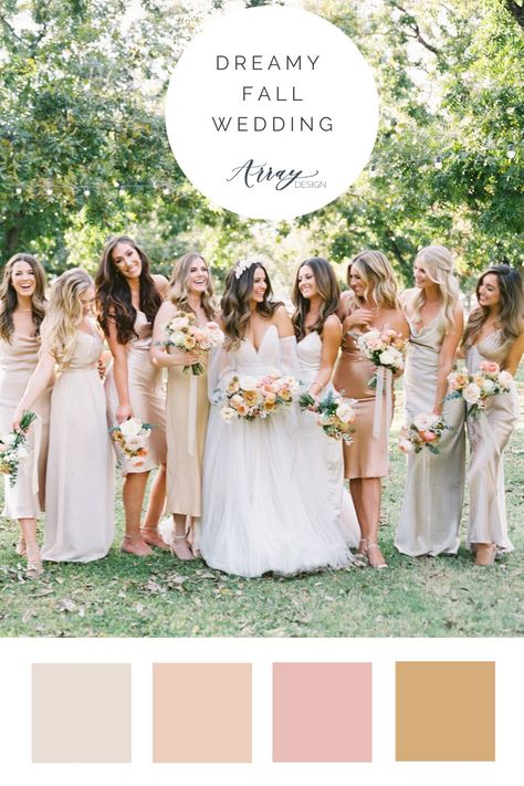 Wedding Colors White And Gold, Neutral Yellow Color Palette, Neutral Wedding With Colorful Flowers, Peach And Gold Wedding Theme, Light Pink Fall Wedding, Beige And Peach Wedding, Fall Wedding Colors Pink, Soft Fall Wedding Colors, Soft Fall Color Palette Wedding