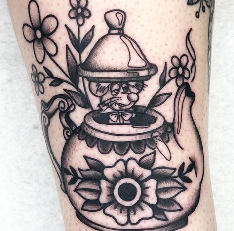 American Traditional Teapot Tattoo, Traditional Alice In Wonderland Tattoo, Disney Traditional Tattoo, Alice In Wonderland Tattoo Sleeve, Teapot Tattoo, Small Traditional Tattoo, Tattoos 2023, Alice And Wonderland Tattoos, Disney Sleeve