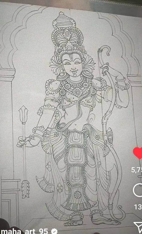 Lakshmi Madhubani Painting, Shilpashastra Drawing, Indian Gods Drawing, Kerala Mural Painting Outline Sketches, Mural Sketch, Animation Drawing Sketches, Indian Traditional Paintings, Mural Paintings, Easy Mandala Drawing