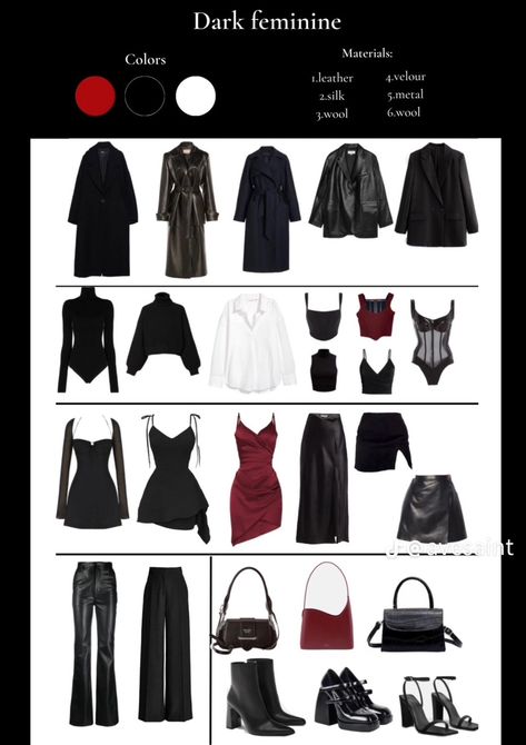 Red And Black Capsule Wardrobe, Avant Garde Capsule Wardrobe, Classy Grunge Aesthetic, Dark Feminine Wardrobe Essentials, Dark Feminine Essentials, Luxury Gothic Outfit, Grunge Classy Outfits, Dark Feminine Work Outfits, Dark Feminine Everyday Outfits