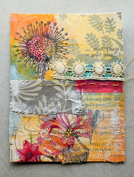 Miniature Mixed Media Tiles. By artist Lisa Agaran.  Adult Art Classes Pasadena Los Angeles Mixed Media Wall Hanging, Fabric Mixed Media Art, Mixed Media Embroidery Ideas, Resonance Art, Fabric Art Tutorials, Fiber Art Collage, Embroidered Photo Art, Mixed Media Textile Art, Textile Collage