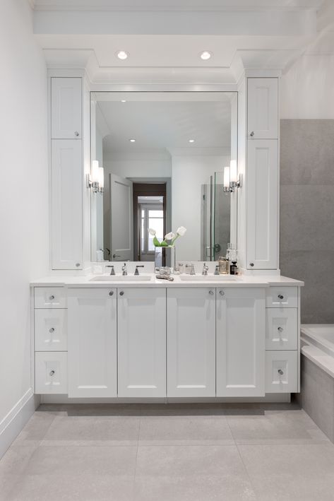 Bathroom Vanity With Tall Side Cabinet, Bathroom Counter Cabinet, Vanity Tower, Bathroom 2022, Ensuite Vanity, Master Baths, Bathroom Storage Solutions, Bath Mirror, Bathroom Redesign