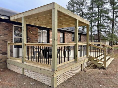 Screened Front Porch Designs, Covered Decks For Mobile Homes, Front Deck Addition, Back Porch Cover Ideas, Small Back Porch Ideas Covered Patios, Partial Covered Deck Ideas, Pergola On Deck Attached To House, Back Porch Deck Ideas, Mobile Home Side Porch Ideas