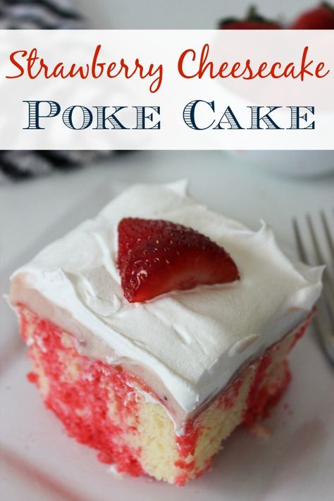 Strawberry Cheesecake Poke Cake :: Whether it’s a milestone birthday, a family get-together, or a bake sale, it always pays to have an amazing cake recipe up your sleeve. And if you don’t have one already, this Strawberry Cheesecake Poke Cake recipe is it! Strawberry Cheesecake Poke Cake Recipe, Strawberry Cheesecake Poke Cake, Cheesecake Poke Cake, Vacation Recipes, Poke Cake Jello, Poke Cake Recipe, Jello Cake, Pinky Girl, Poke Cake Recipes