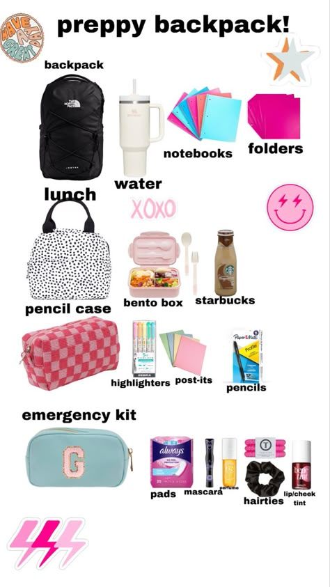 Front Pocket Backpack Essentials, Things To Pack For Lunch, Back Packing Essentials, What To Pack In Your School Bag, Pack School Bag, Trip Essentials Packing Lists, Preppy School Bag, Middle School Essentials, Preppy Shuffles