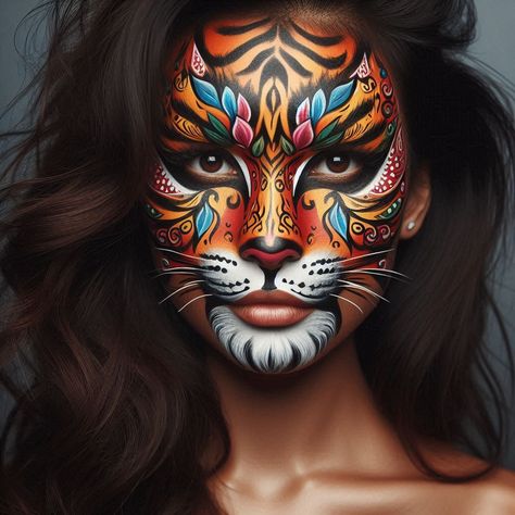 Woman tiger face design Rainbow Tiger Face Paint, Tiger Face Paint, Paint Woman, Rainbow Tiger, Tiger Face, Face Design, Body Painting, Face Painting, Face Paint