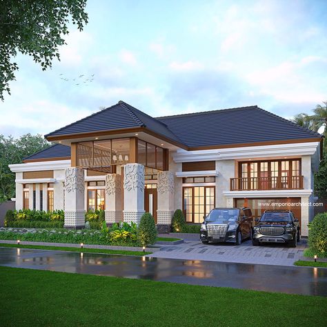 "1786th Design" . This house design is owned by our client in Bengkulu. Appearing aesthetically with natural stone finish decorated with Balinese pillars and ornaments, this Balinese villa style house looks charming, embellished by a tropical garden at the front. Then, to make the house feel beautiful with the impression of a villa-style vacation, we equipped the backyard area with patio, gazebo and green tropical garden. Wow, it must be refreshing to relax here! . The 12th design of June, 16... Balinese House Design, Modern Balinese House, Balinese Villa, Emporio Architect, Backyard Area, Villa Style, Bali Fashion, Patio Gazebo, Feel Beautiful