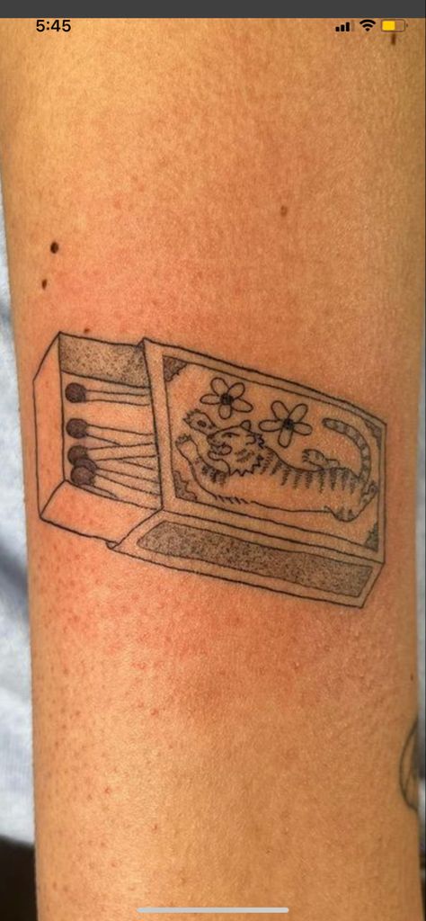 Vintage Lighter Tattoo, Painting Inspired Tattoo, Thank You Bag Tattoo, Match Book Tattoo, Box Of Matches Tattoo, Takeout Box Tattoo, Wes Anderson Tattoo Ideas, Matchbox Drawing, Bingo Tattoo