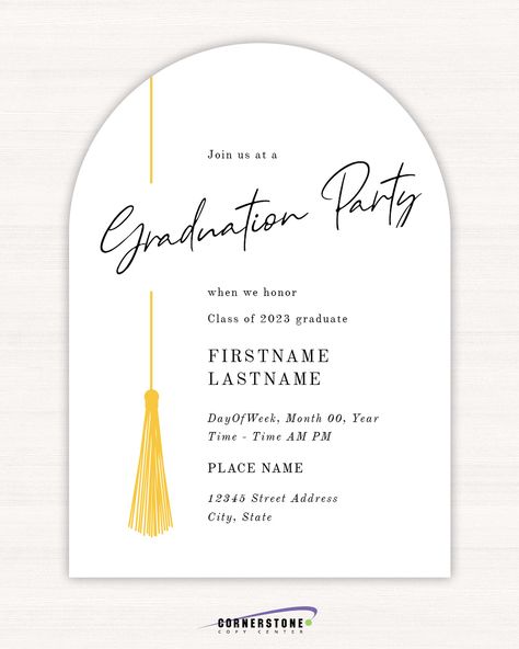 Standard and Die Cut shaped Graduation Invitations and Announcements from Cornerstone Copy at www.cornerstonecopy.com. Graduation Party Cards Invitations, Invitation Card Design Graduation, Graduation Invitation Design, Graduation Party Cards, Graduation Invitation Cards, Graduation Table Decorations, Invitation Card Party, Graduation Party Invitations Templates, Invitation Graduation