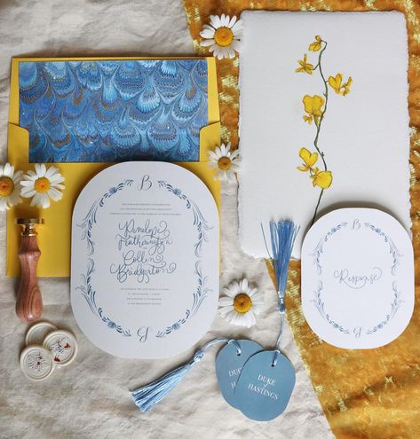 If Penelope Featherington and Collin Bridgerton were to hire Peartree & Clover for their *maybe upcoming* wedding invitations, this is what they would get💙💛 Wedgwood blue, of course. The canary yellow was a last minute decision! I had planned to use a variety of jewel tones (a mish mash like the F’s textiles) but ultimately opted for a bright yellow to compliment our stable and trustworthy blue Bridgerton and be vibrant enough to stand out on its own as a Featherington. I used hand painted p... Bridgeton Invitation, Bridgerton Save The Date, Bridgerton Stationery, Bridgerton Bookmark, Bridgerton Polin Book, Wedgwood Blue, Canary Yellow, Mish Mash, Jewel Tones