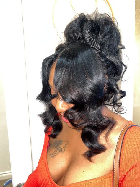 Pinned Updo Hairstyles, Pin Up Prom Hair, Quick Weave Pin Up Hairstyles, Pin Ups Hair, Pin Up Hair Styles Black Women, Pin Up Girl Hairstyles For Black Women, Pin Up Quickweave, Prom Up Do Hairstyles, Up Dos Black Hair Hairstyles