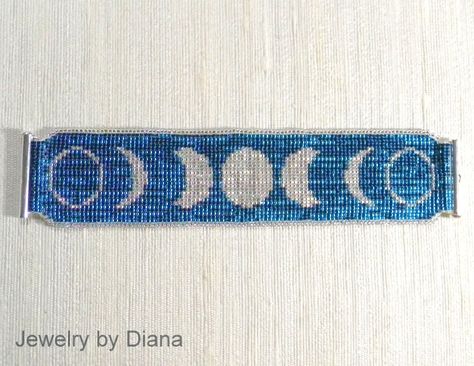 Phases of the Moon cuff. Design by Pamela Welborn.  Beading by Diana Rehfield. Moon Phase Bead Loom Pattern, Beaded Moon Pattern, Goddess Crafts, Beadwork Ideas, Loom Designs, Circle Crafts, Bead Loom Designs, Cuff Design, Beadwork Designs