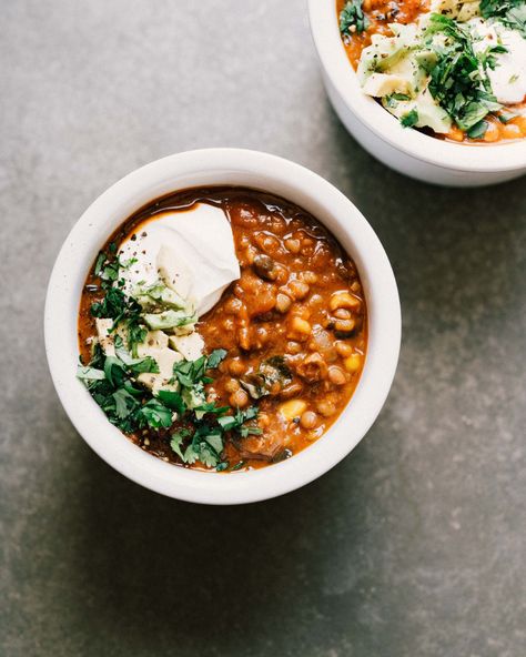 VEGGIE CHILI — Sprouted Kitchen Potato Tots, Veggie Chili, Cooking Club, Green Lentils, Vegetarian Chili, Chipotle Pepper, Wholesome Food, Soups And Stews, Sprouts