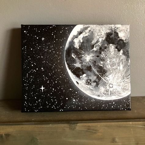 Excited to share this item from my #etsy shop: Moon and Stars Acrylic Painting • Home Accents • Cosmic Home Decor • Black and white painting gray • Wall Decor • Made to Order #moonpainting #starspainting #cosmicpainting #paintingofmoon #paintingofstars Black And White Galaxy Painting, Moon Art Acrylic, Black And Gray Painting Canvas, Black Painting On Canvas, Black White Art Painting, Room Decoration Drawing, Moon Space Painting, Black Canvas Moon Painting, Gray Room Decor Ideas