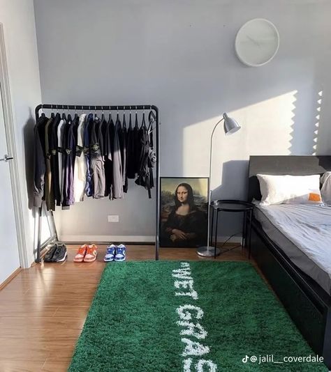 Wet Grass Rug Aesthetic, Wet Grass Room, Wet Grass Rug, Clothing Rack Aesthetic, Mens Room Decor, Bedroom Birthday, Mens Bedroom Decor, Hypebeast Room, Grass Rug