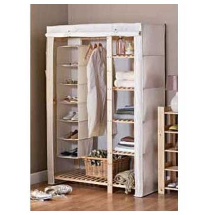 Canvas and Wood Solid Pine Frame Wardrobe - Double Freestanding Closet Ideas, Freestanding Closet, Canvas Wardrobe, Foldable Wardrobe, Free Standing Closet, Slatted Shelves, Double Wardrobe, Storage Shelving, Wooden Wardrobe